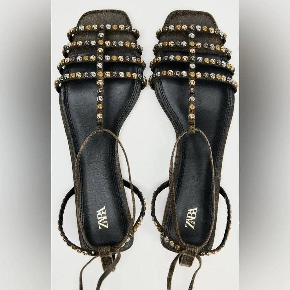 NWT ZARA LEATHER SQUARE TOE LACE UP SANDALS - Picture 1 of 11